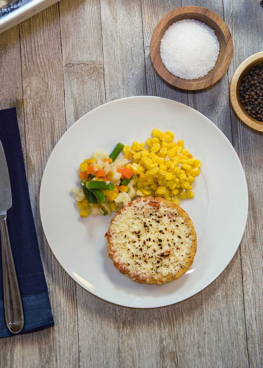 Personal Cheese Pizza with corn and assorted vegetables